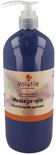 Blauwe pompfles massageolie, label "Volatile Aromatherapy" "Massage-olie Overbelaste spieren".