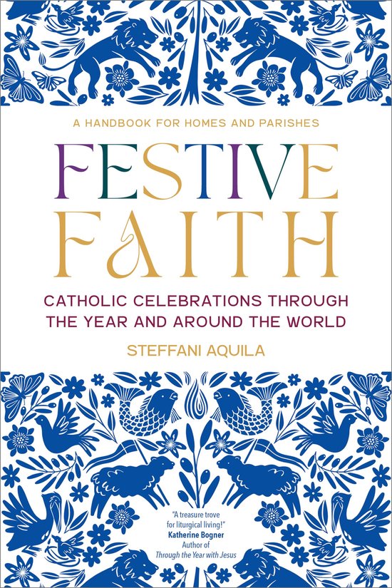 Boekomslag Festive Faith met blauw-witte illustraties van leeuwen, vissen, schapen en bloemen.