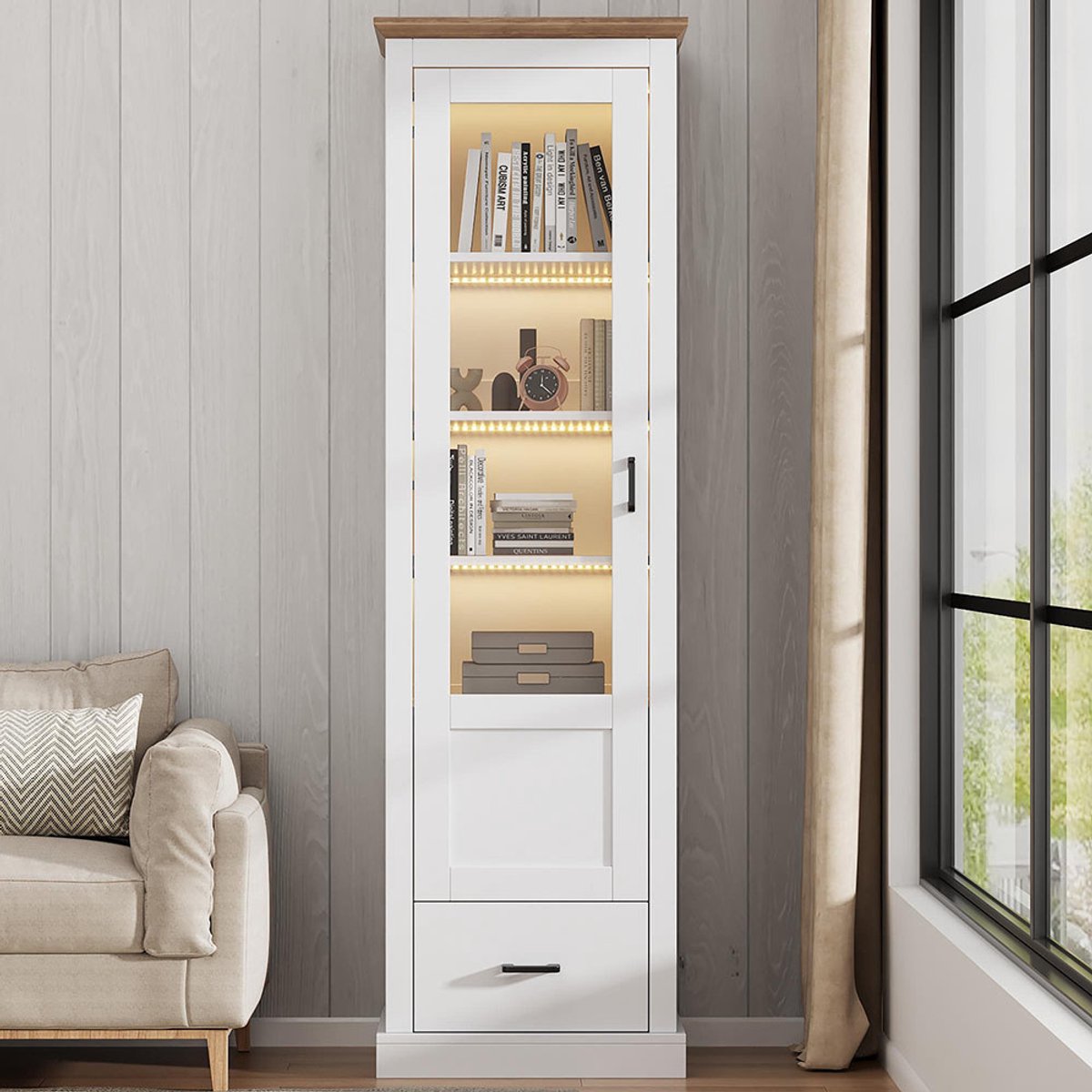 Pugsdrly Moderne LED-vitrinekast in mat wit van 178 cm met USB-poort, afstandsbediening met 16 kleuren, vitrinekast op voet met houtdecor, vitrinekast in glas, hoge kast met lade, vitrinekast in MDF, presentatiekast met 5 compartimenten