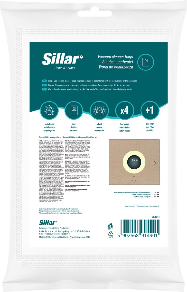 Sillar , stofzuigerzakken, van stof, met 1x inlaatfilter, 3 filterlagen, vervangingsonderdeel, geschikt voor stofzuigers van AEG, Amica, Bosch, Karcher, LG, Philips, Zelmer, 4 stuks