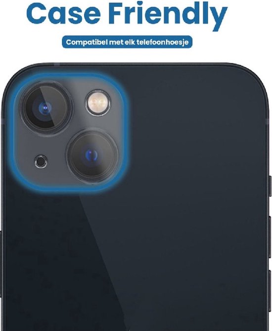 Donkerblauwe smartphone met dubbele cameralens. Tekst: Case Friendly.