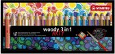 STABILO woody 3 in 1 - Multi Talent Kleurpotloden - ARTY - Etui Met 18 Kleuren + Puntenslijper + Penseel