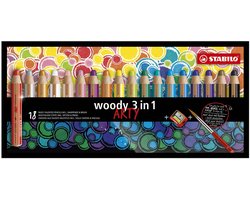 STABILO woody 3 in 1 - Multi Talent Kleurpotloden - ARTY - Etui Met 18 Kleuren + Puntenslijper + Penseel
