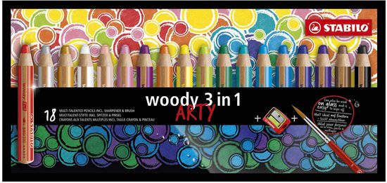STABILO woody 3 in 1 ARTY etui met 18 potloden, puntenslijper en penseel