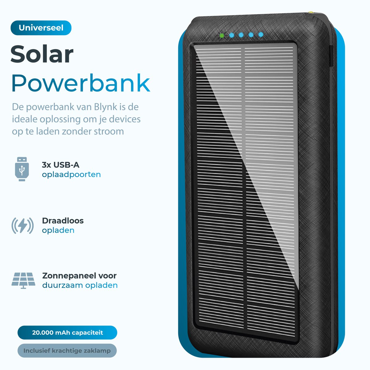 Blynk Solar Powerbank 20.000 mAh Draadloos Zwart - afbeelding 3