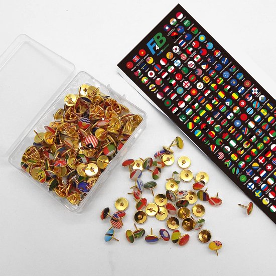 Punaises F4B 200 Landen | Pour le babillard | 200 pièces | Carte du monde | Drapeaux | Broche | Forfait artisanal | La vignette