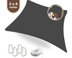 FOXLY® Schaduwdoek Rechthoek 3 x 4 Meter Donkergrijs - HDPE Materiaal - Incl. Touw en Karabijnhaken - Schaduwdoeken - Schaduwnet - Zonwering