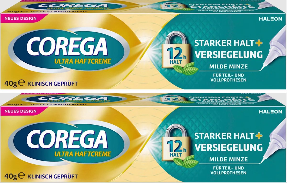 Corega - Ultra - Kleefcrème -Sterk- Houd tot 12 uur - Nieuwe Verpakking - Verbeterde formule - 40 gram - Voordeelset 2 stuks!!
