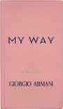 Roze doos met 'MY WAY' en 'GIORGIO ARMANI' in donkerblauwe letters.