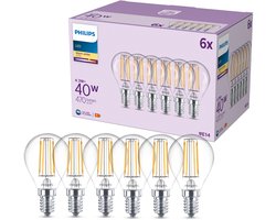 Philips LED lamp transparant - 40W - E14 fitting - Warmwit licht; 2700K - 6-pack