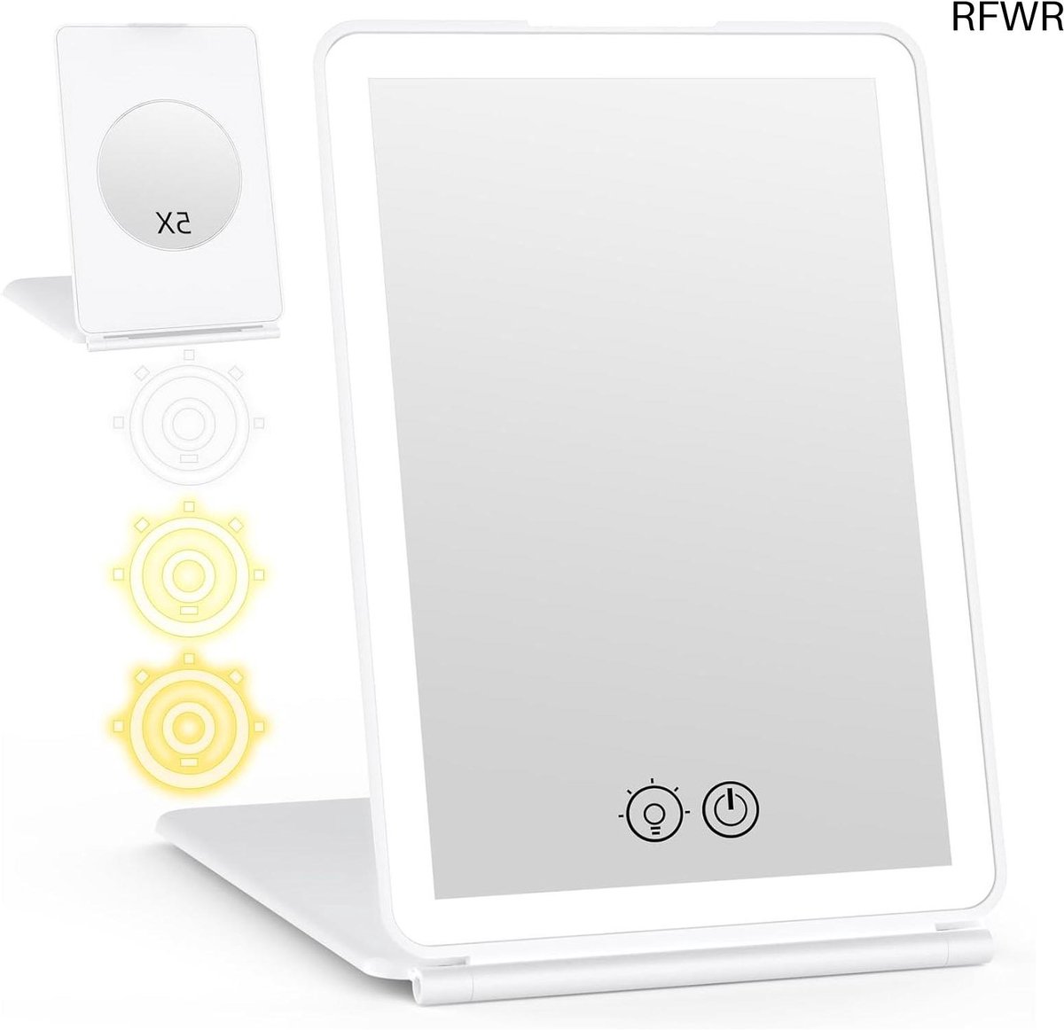 RFWR® Verlichte make-upspiegel met 5x vergroting en dimbare touchscreen