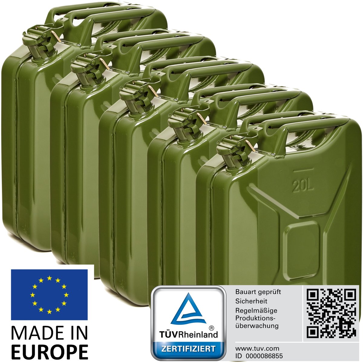 BW® Fuel Canister Metalen Benzineblik - Jerrycan 5x 20 Liter - Olijfgroen - TÜV-getest en UN-goedgekeurd - Gemaakt in Europa