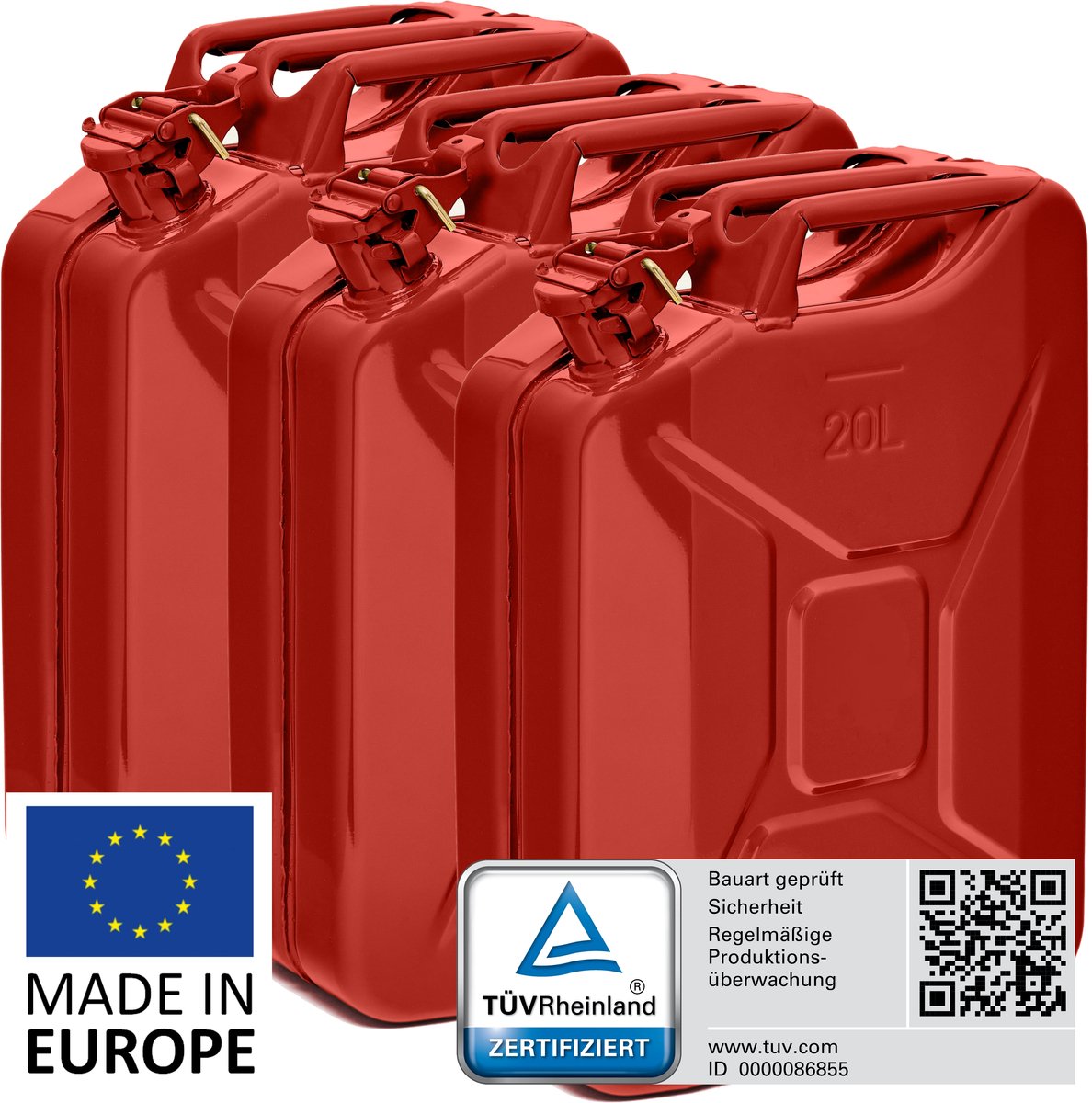 BW® Fuel Canister Metalen Benzineblik - Jerrycan 3x 20 Liter - Rood - TÜV-getest en UN-goedgekeurd - Gemaakt in Europa