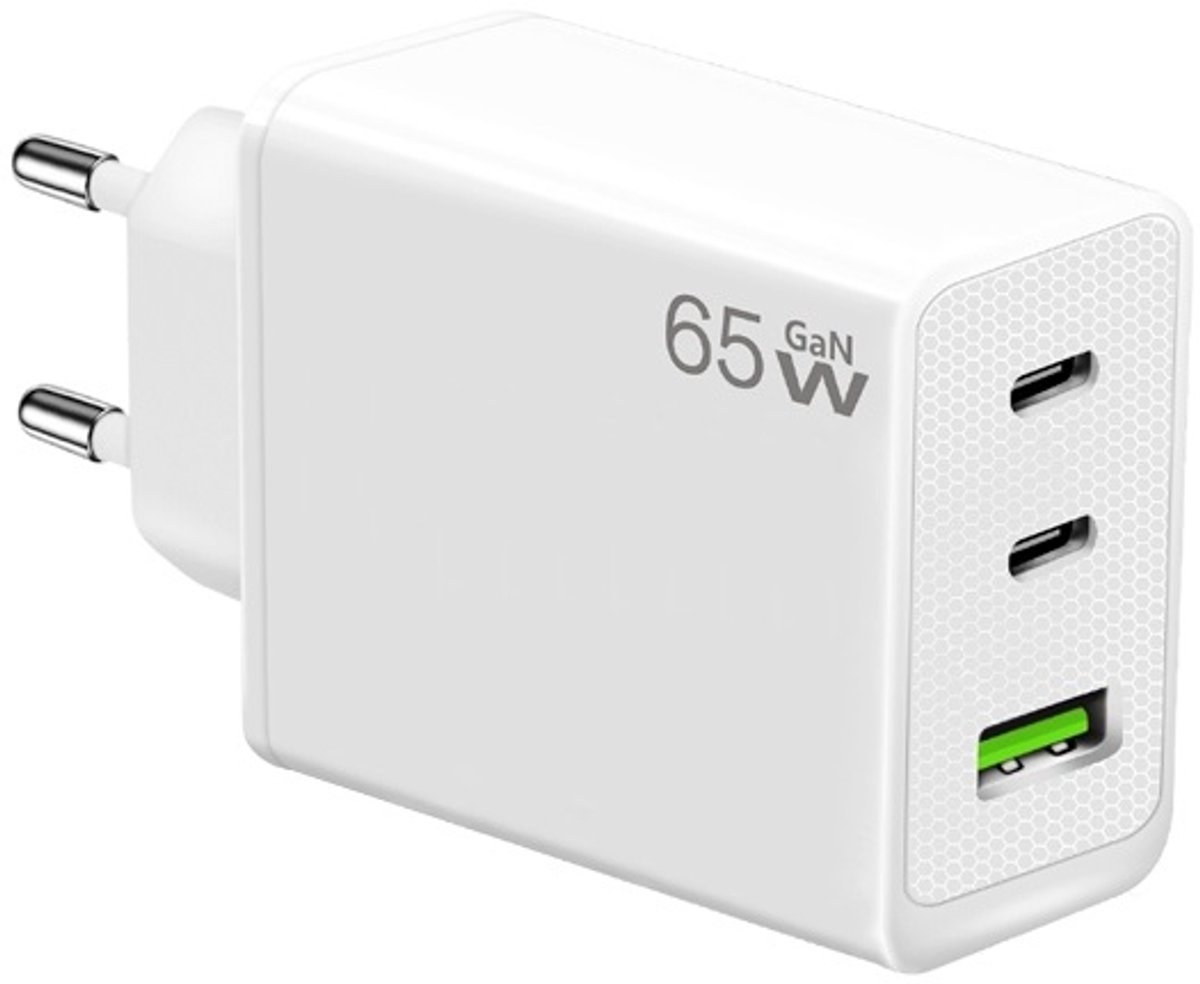 65W GaN 2X USB-C + USB-A Snellader - PD Laptop Adapter Oplader - geschikt voor laptop, telefoons, tablets etc. - wit