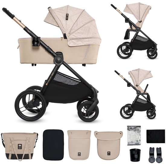Beige kinderwagen met bijpassende accessoires: reiswieg, wandelzitje, tas, hoezen en adapters. De kap heeft een patroon.