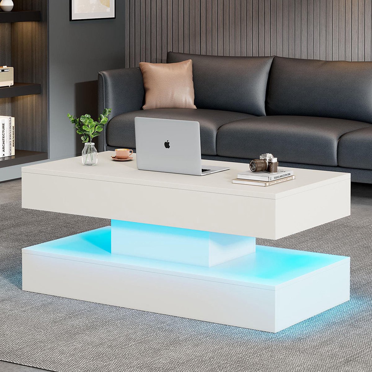 Pugsdrly Moderne salontafel met ledverlichting en verborgen opbergruimte - Bijzettafel met hydraulische hefmechanisme, 100*50*42 cm, draagvermogen 50 kg