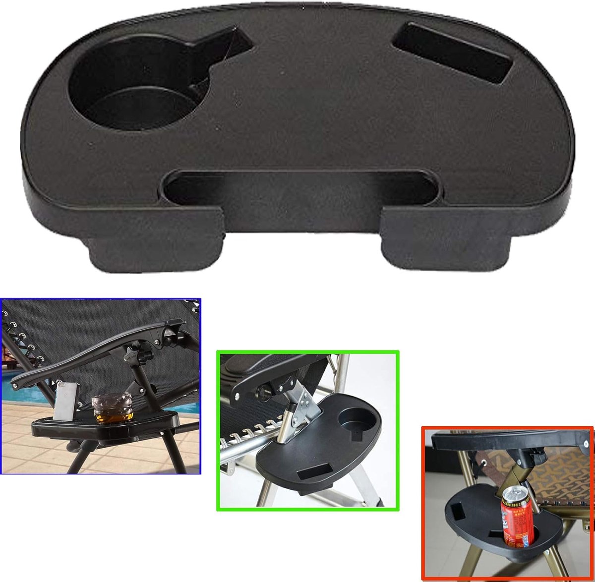 KZQ Bekerhouderlade - Clipbevestigingsbeugel Accessoirelade - Relaxfauteuilaccessoire - met bekerhouder en sleuf voor mobiele telefoon - Past op de meeste Zero Gravity-stoelen Clipbevestiging (geen gereedschap nodig)