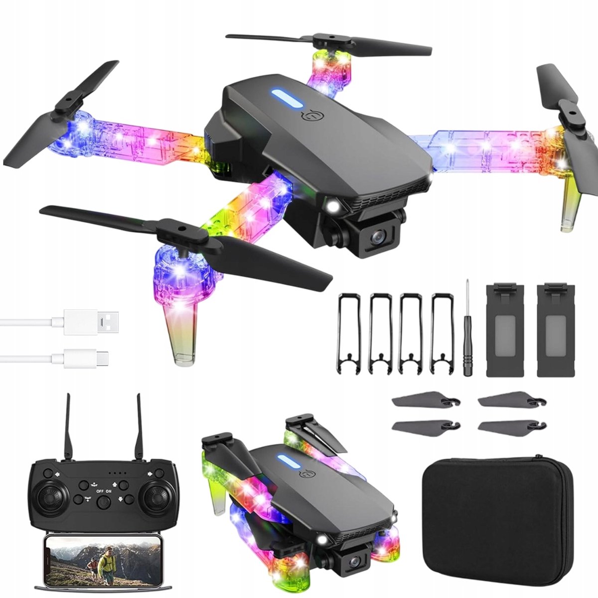 Drone - Opvouwbare Quadcopter met Licht - RC Drone - 1800mAh - Kleurrijk - LED-lichtarm - Met 2 camera's - WiFi-transmissie - Start/Landing met één knop