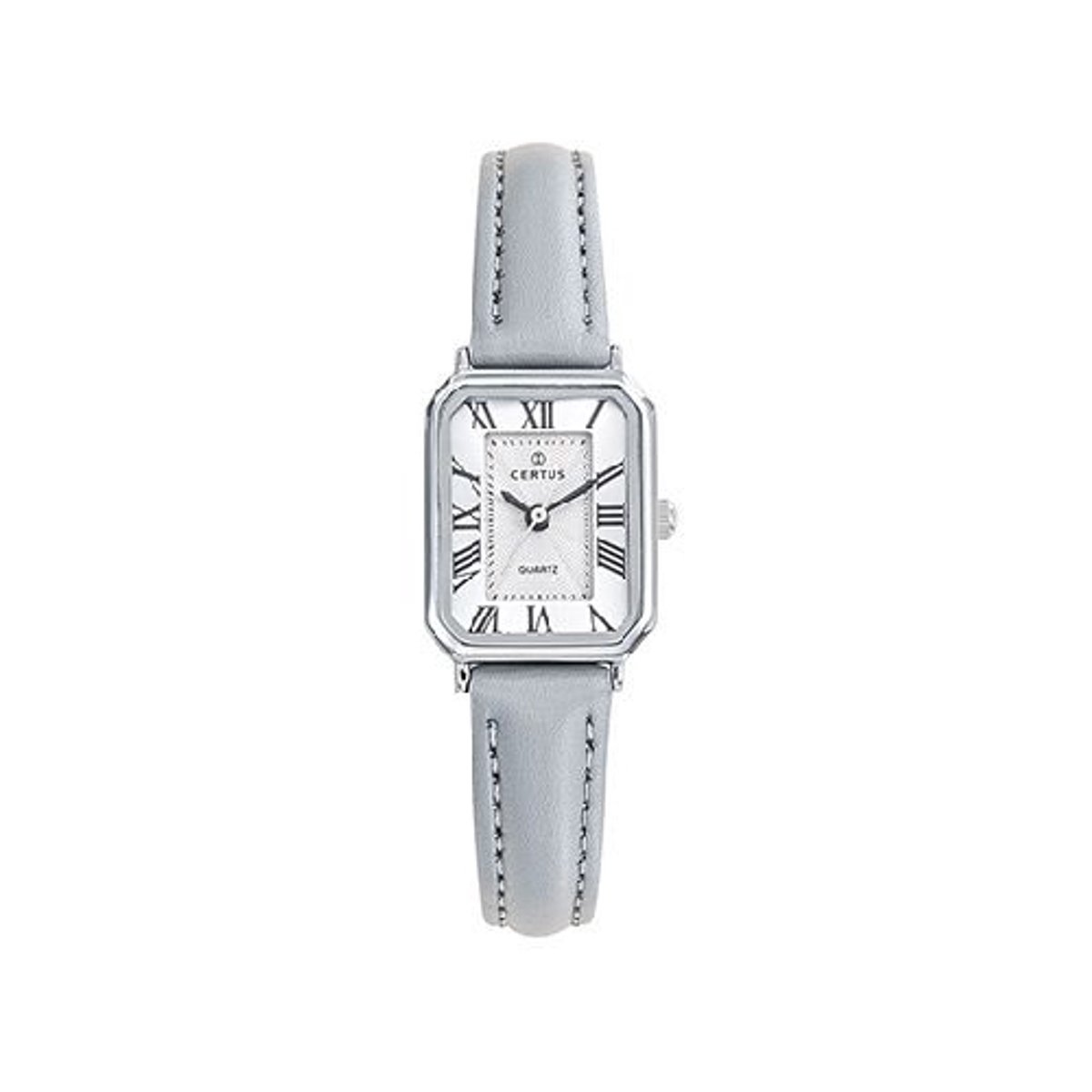 Certus-Dameshorloge-model 644560-grijs lederen band-rechthoekig-zilverkleurig-5 atm waterdicht -afmeting 25 x 19 mm-Romeinse cijfers- made in France