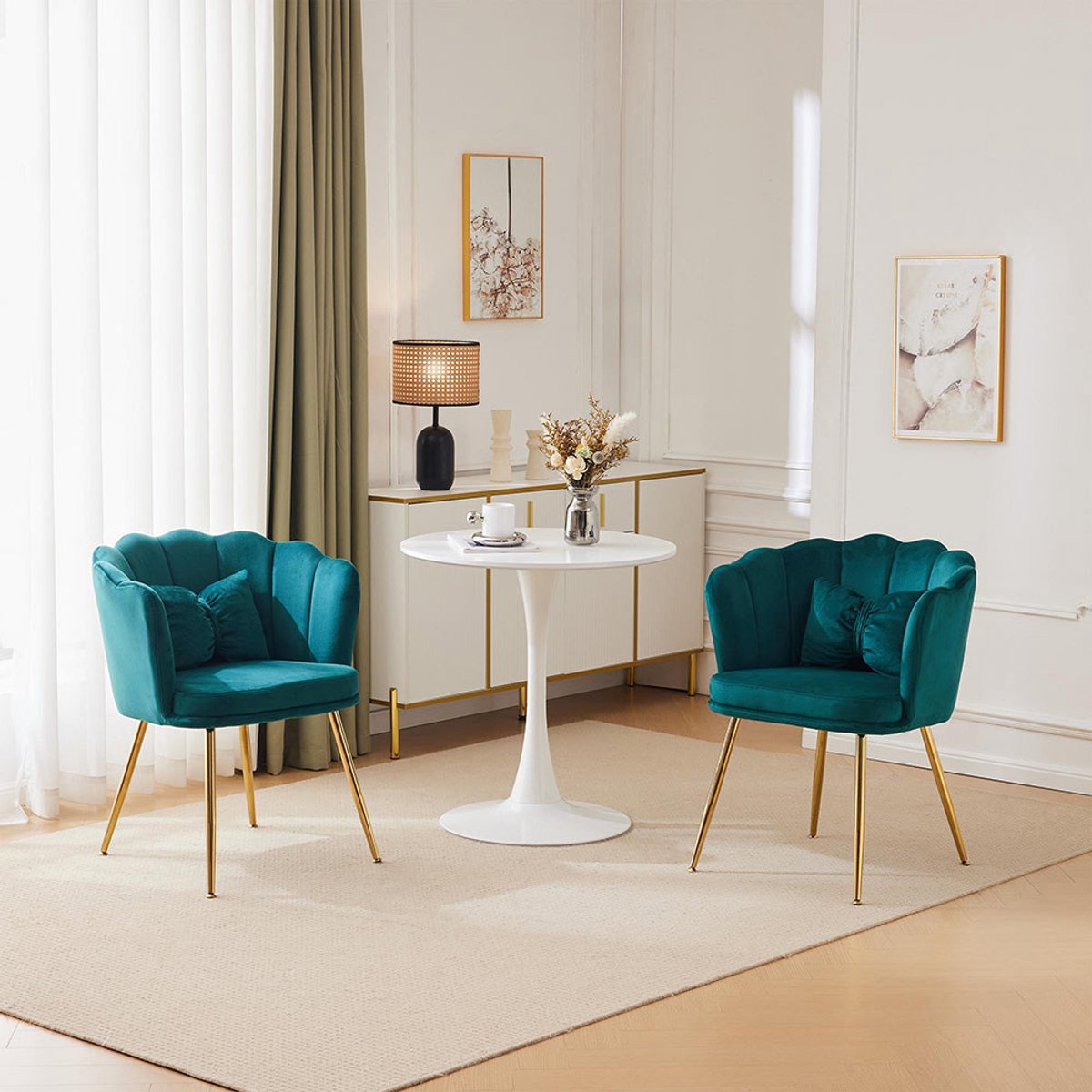 Pugsdrly Set van 2 moderne fluwelen fauteuils, badkamerstoelen, gestoffeerde stoelen met bloembladvormige rugleuning, goudkleurige metalen poten en vlinderkussens voor de slaapkamer of eetkamer