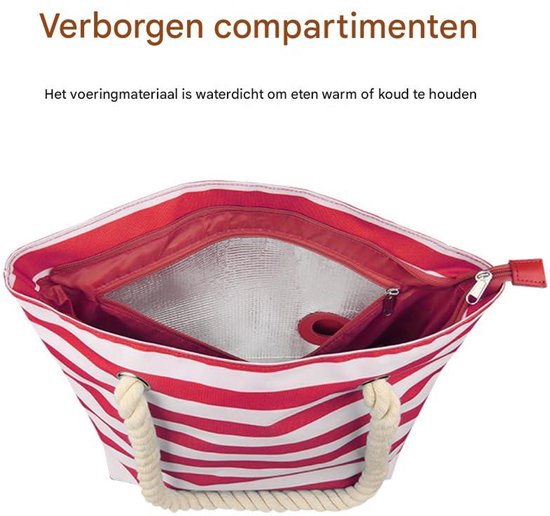 Wijntas voor op het strand - Wijnkoeltas - Lekvrije geïsoleerde tas - Verborgen compartiment met schenktuit - Geschikt voor 2 flessen wijn - Gestreept ontwerp - Geschikt voor reizen, restaurants, feesten en picknicks - Rood, wit van Wijnvriendin — afbeelding 5