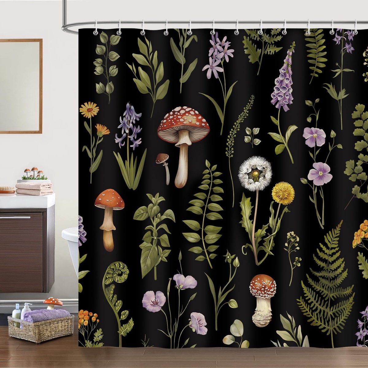 Ibenzoa® Douchescherm Retro Stijl met Paddenstoelen Motief en Bloemen 180 x 180 cm Waterafstotend met 12 Haken