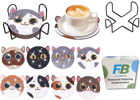 F4B 8 pièces Sous-verres Chats Peinture de diamants | Pierres rondes | Avec support | Sous-tapis | Chats | Enfants | Forfait Adultes et Enfants