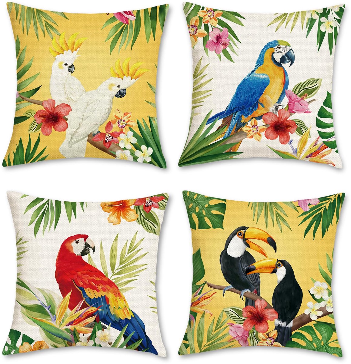 Ibenzoa Decoratieve Set van 4 Tropische Kussenslopen met Vogels en Bloemen voor Binnen en Buiten Tropische vogels