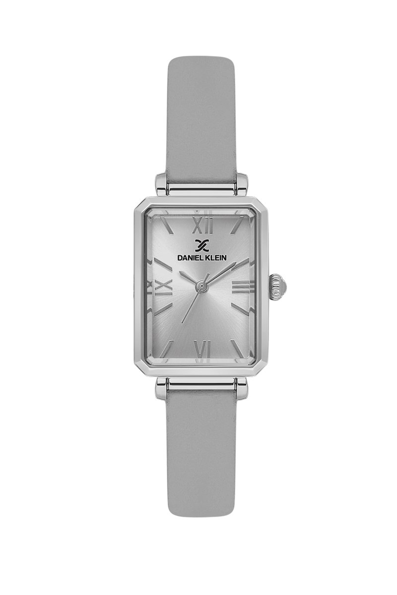 Daniel Klein DK.1.13935-2 - Horloge - Polshorloge - Analoog - Dames - Vrouwen - Leren band - Metaal - Rechthoek - Streepjes - Romeinse Cijfers - LichtGrijs - Zilverkleurig