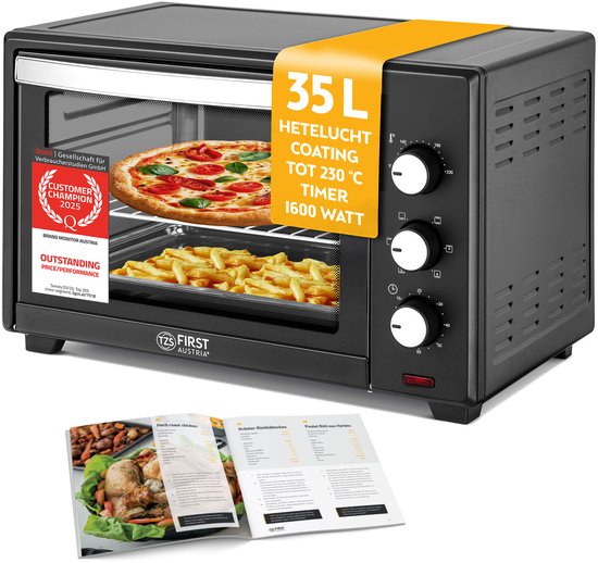 TZS First Austria Mini oven 35L - 1600W- Vrijstaande Heteluchtoven - Premium-X Coating - max 230°C - Timer - Zwart