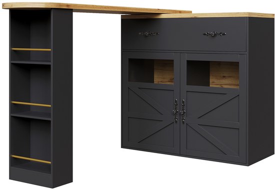 Table de bar extensible avec rangement (138-204×39×104cm), bar pivotant à 360°, table de bar mobile moderne, table haute de cuisine/îlot de bistrot, buffet avec étagères, noir