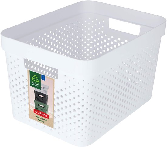Witte Curver Infinity opbergbox met gaatjespatroon, handvatten en recyclage-label.