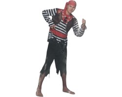 Sexy Piratenkostuum Mannen – Zwarte Broek, Gestreepte Blouse & Rode Hoofddoek – Maat XL