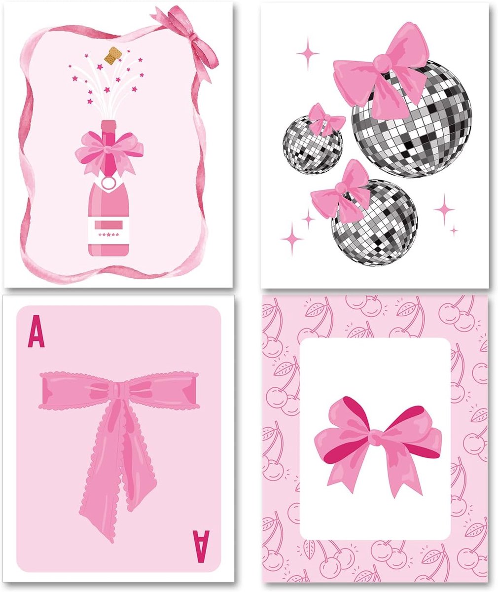 Image of 4pcs Roze Strik Posters - Trendy Roze Strik Muurdecoratie - Coquette Kamerdecoratie - Aesthetic Kamerdecoratie voor Meisjes en Tieners - Perfecte Versieringen voor Thuis Slaapkamer en Studentenhuis (Stijl 2)