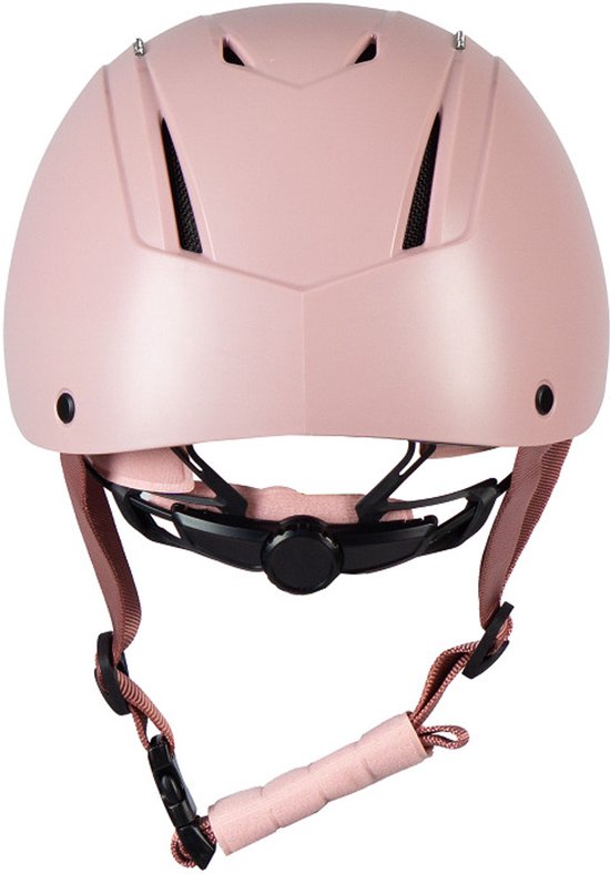 Roze rijhelm met verstelbare bandjes, kinband en ventilatie.