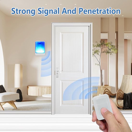 Een witte deurbelzender wordt in de hand gehouden, met deuren en een ontvanger met blauw licht aan de muur.