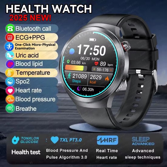 Montre connectée Santé 2025 avec ECG, tensiomètre, outil de mesure - Main Image