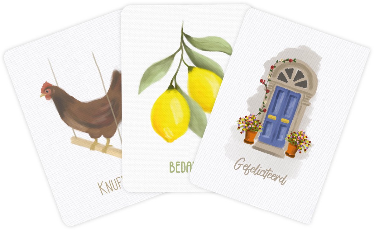 Wenskaarten - ansichtkaarten - kaarten - set 3 stuks - Handgemaakt - canvas - watercolored - incl. envelop - Deur, Kipje, Citroenen