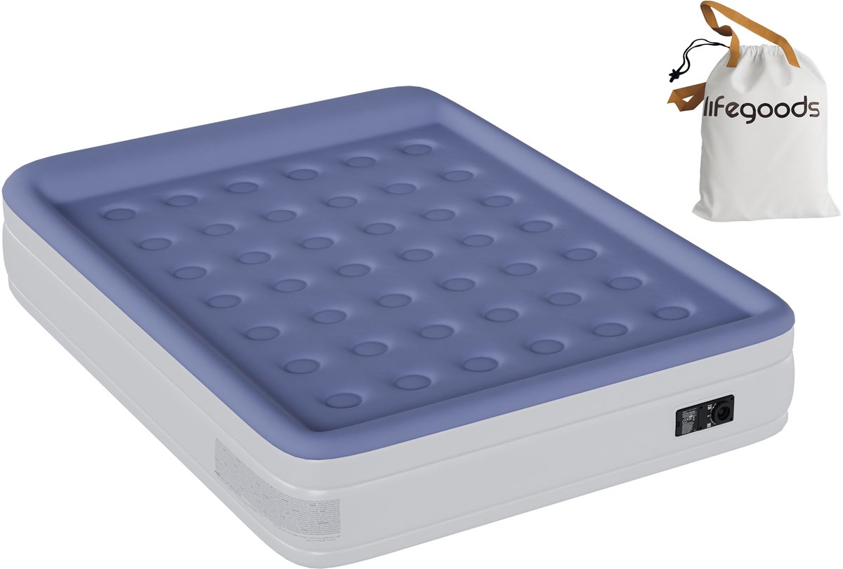 Bol.com LifeGoods Luchtbed - 2 Persoons - Luchtmatras met Elektrische Pomp - Opblaasbed - Incl. Draagtas - Wit/Blauw aanbieding