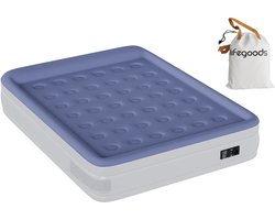 LifeGoods Luchtbed - 2 Persoons - Luchtmatras met Ingebouwde Pomp en Kussen - Opblaasbed - Incl. Draagtas en Reparatiekit - 203x158x48cm - Wit/Blauw