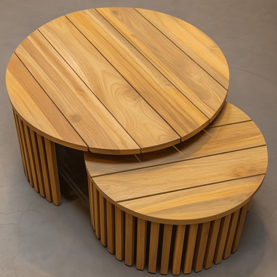 Tuin Salontafelset Negara 77x77x41 cm & 56x56x34 cm – Set van 2 Ronde Teakhouten Loungetafels – Bijzettafels Gerecycled Teak – Outdoor Tafelset – Naturel