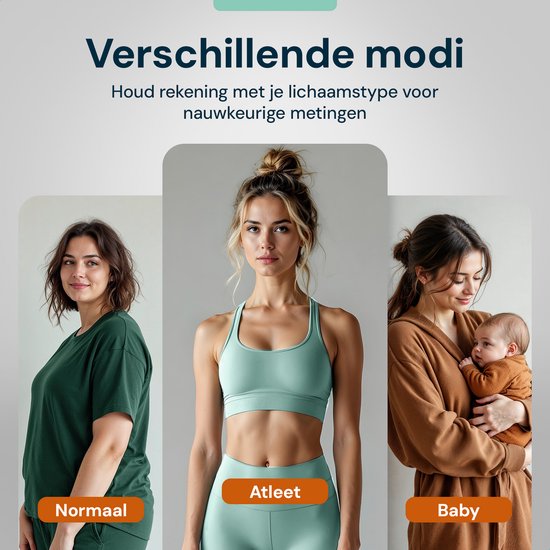 Trois femmes, pour les modes 'Normal', 'Athlète' et 'Bébé': une femme aux cheveux bruns, une athlète en tenue de sport et une mère avec un bébé.