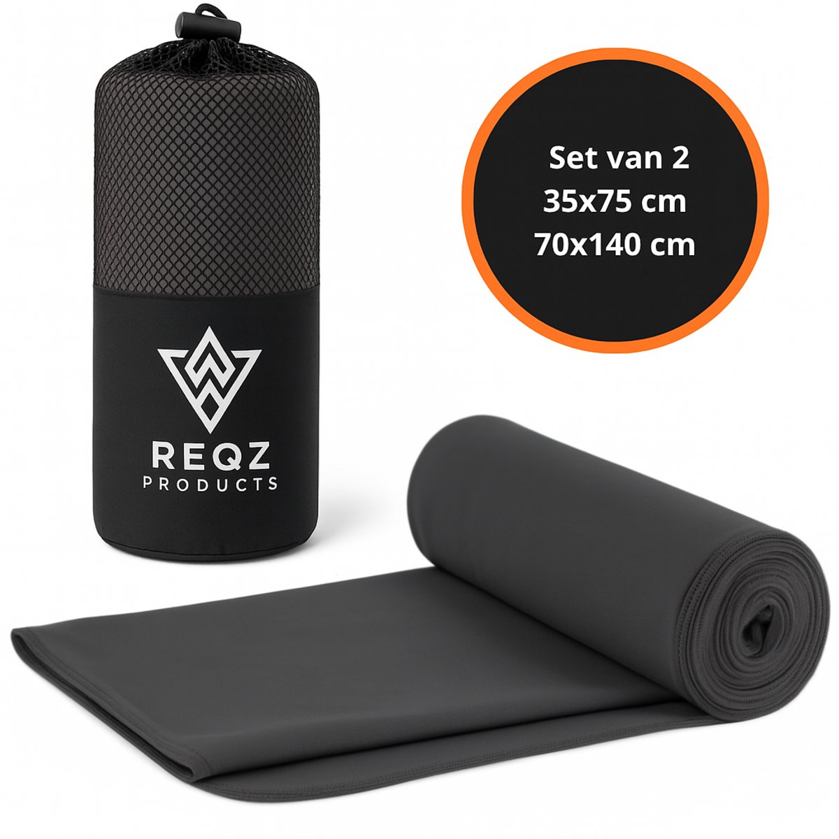 Microvezel Handdoek Set – 2 stuks + Mesh Opbergzak – Donkergrijs - Sneldrogend en Lichtgewicht – Ideaal voor Reizen, Sport, Fitness & Kamperen