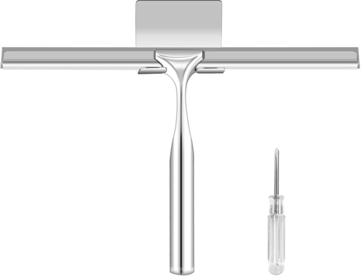 GOODEVN Premium RVS304 Douchewisser met Zelfklevende Haak - 2-in-1 Raam- & Doucheglasreiniger | Anti-Kalk & Streepvrij | Moderne Badkamer Accessoire (Zilver)