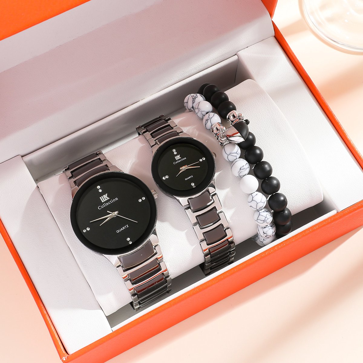 Unisex Kwartshorloge Analoog - Stelhorloge met Liefdesarmband - Chronograaf - RVS Band - Voor Hem Haar - Zakelijk Zwart Horloge - Premium Geschenkset (4-delig) - Ideaal voor Valentijnsdag, Kerst, Vaderdag, Moederdag Verjaardagen