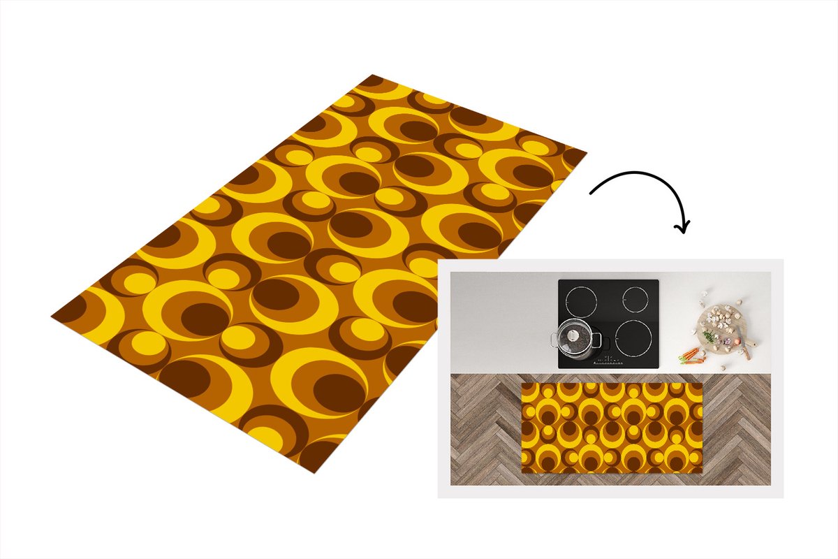 KitchenYeah Keukenloper 120x60 cm - Keukenmat vinyl Patronen - Retro - Bruin - Geel - Keukenmatten loper - Keuken vloerkleed tapijt