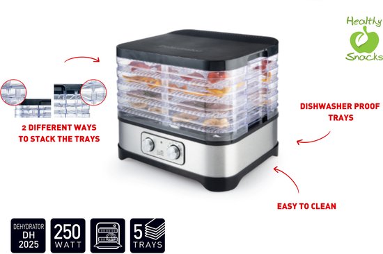FRITEL Dehydrator DH 2025 - Droogapparaat / Voedseldroger / Droogoven - 5 Laags - 35°C tot 70°C - 250W - 2 Stapelwijzen - BPA-vrij - Groenten / Fruit / Kruiden / Vis / Vlees