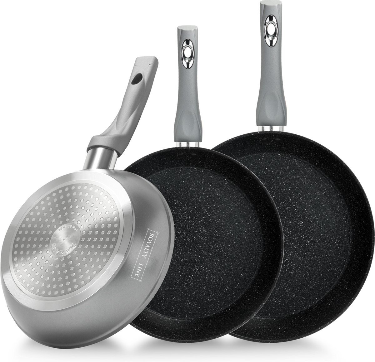 Royalty Line Koekenpan Inductie Set - 3 Delig Koekenpannenset Ø 20/24/28 cm - Pannenset Voor Alle Warmtebronnen - Pannen Met Antiaanbaklaag en Keramisch Coating - Braadpannenset Met Koudgrepen - Zilver