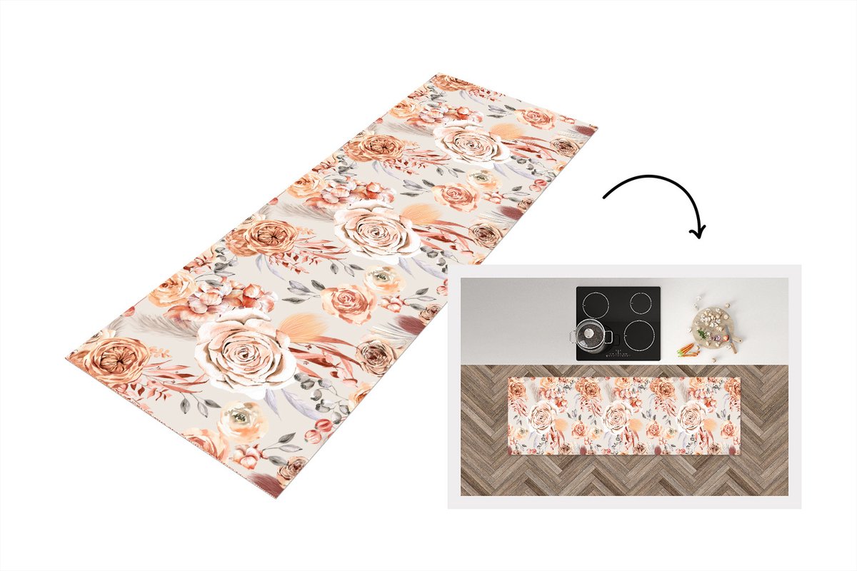 KitchenYeah Keukenloper 180x60 cm - Keukenmat vinyl Rozen - Bloemen - Patroon - Keukenmatten loper - Keuken vloerkleed tapijt
