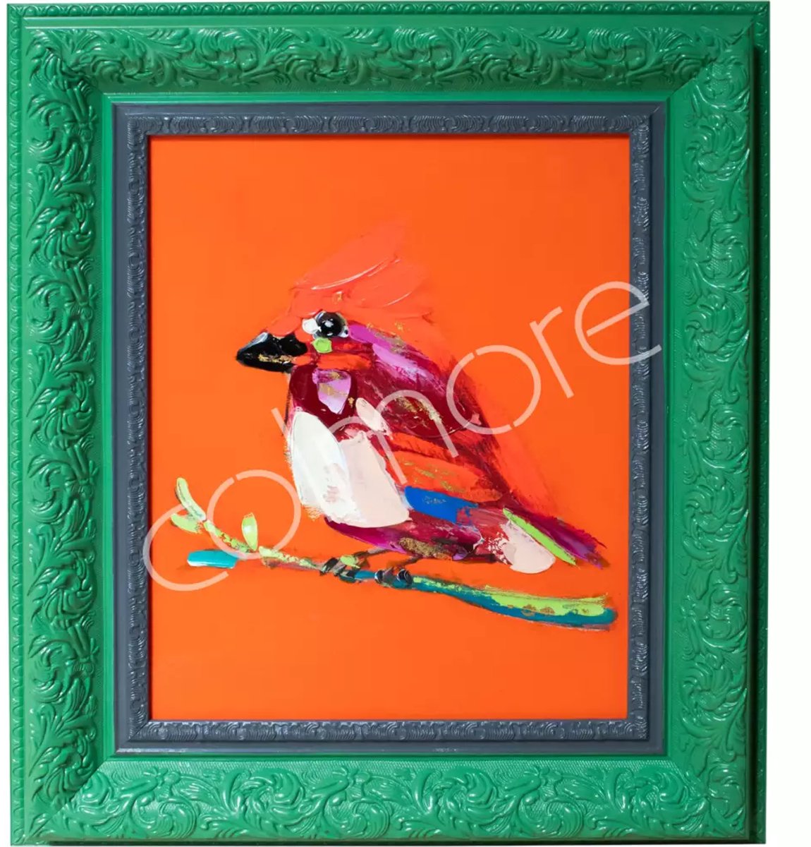 Colmore by Diga handbeschilderd schilderij groen met vogel 51 x 61 cm